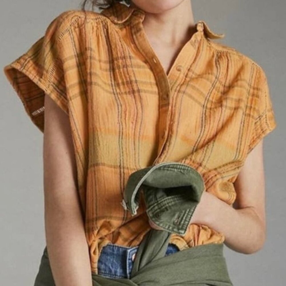 Anthropologie \\ Pilcro Serena Surf Blouse in Light Orange Plaid Size Small
